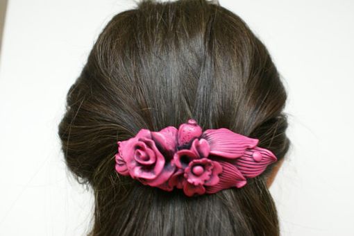 Custom Made Hair Barrette, French Style Exotic Pink Flower And Leaves