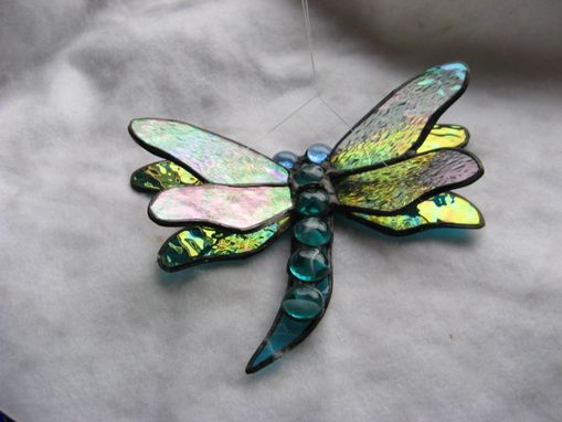 Custom Made Double Winged Dragonfly Stained Glass Art In Aqua And Teal