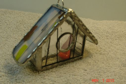 Custom Made Empty Nest Bird House Ornament In Orange Yellow Streamer Glass