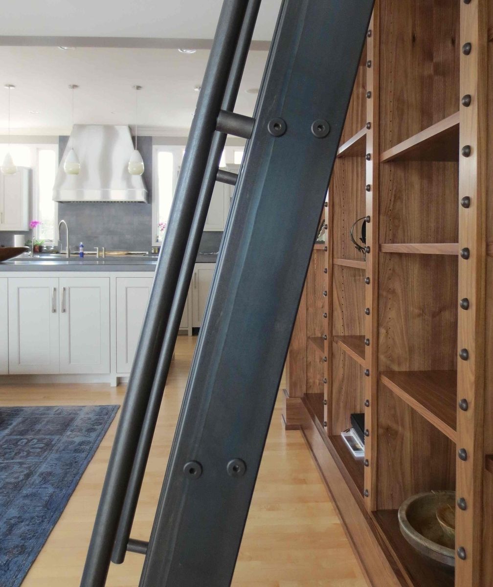 Hand Crafted Steel Rolling Library Ladder Round Bar & Roller by