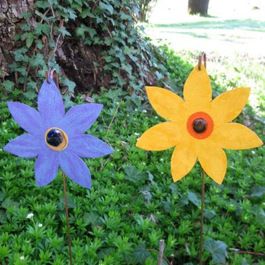 Custom Made Handmade Upcycled Metal Flower Garden Stakes In A Set Of Two