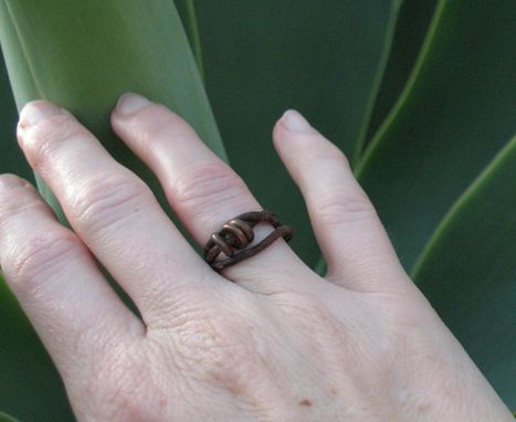 Custom Made Ring / Adjustable Ring: Brown Leather With Three Copper Beads