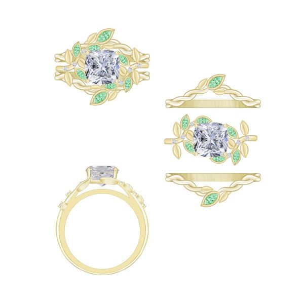 这款以自然为灵感的钻石和祖母绿新娘戒指套装的草图。