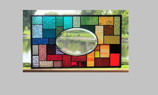 Custom Made Stained Glass Window Panel Hanging Oval Bevel Rainbow