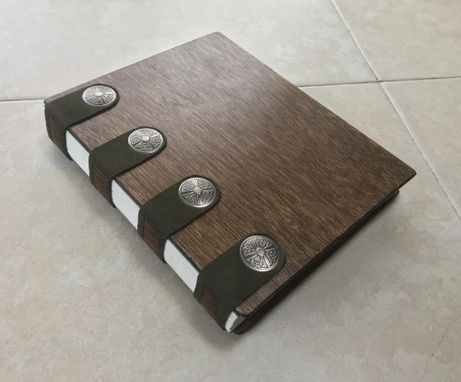 Custom Made An Elegant Journal, Bound In Dark Brown Wood And Green Leather, With Celtic Leather Rivets
