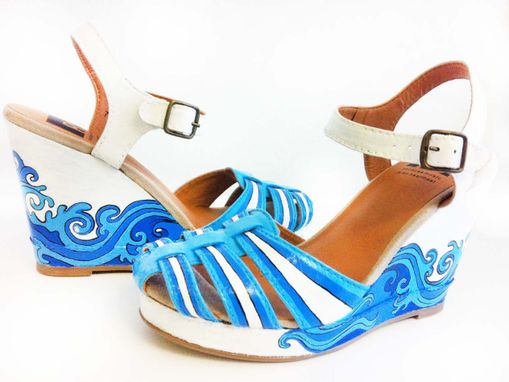 Custom Made Summer Hand Painted Shoes/  Summer Wedding Shoes/ Blue Wedges/Bridal Summer Shoes