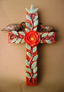 Custom Made Quail's On A Cross With A Rose, Ceramic And 3 Dimensional
