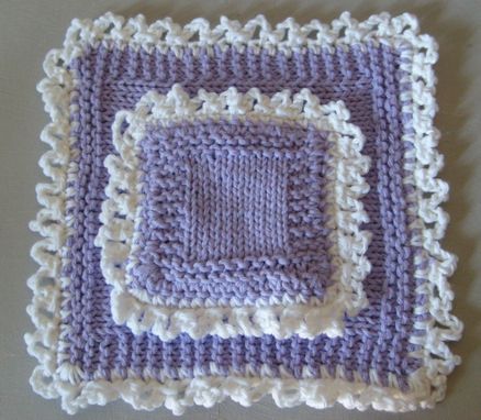 Custom Made Pretty Hand Knit Deluxe Sponge And Washcloth Set - In Lavender And White/Lace Edge
