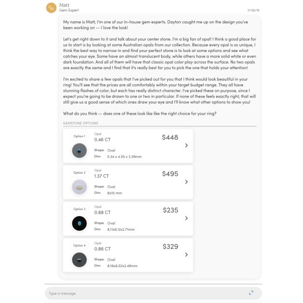 This screenshot shows the four opals our gem expert, Matt, hand-picked for a customer.