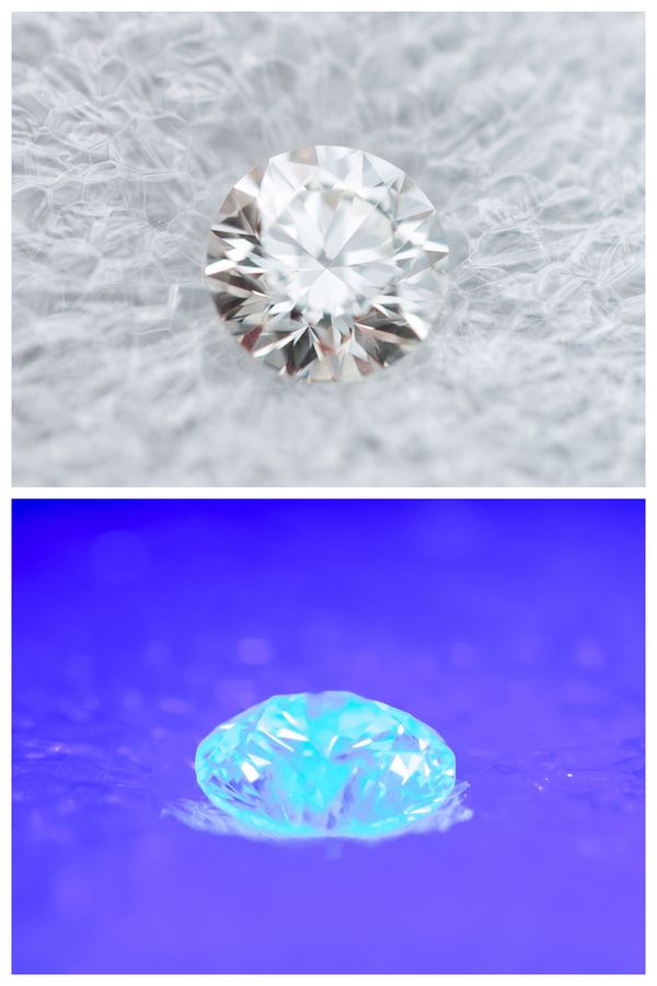 This diamond's medium fluorescence is revealed under a blacklight, while its G color looks crisp and colorless under bright indoor lighting.