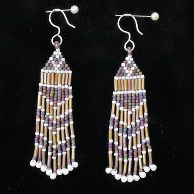 Custom Made Beaded Earrings, Tan, White, And Blue Shades, Dangling, With Fine Silver Earwire