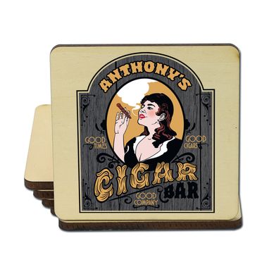 Custom Made Custom Cigar Bar Wood Coasters, Set Of 4