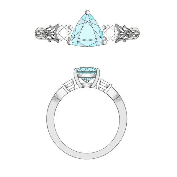 The trillion cut aquamarine stone is paired with diamond accents in this engagement ring.