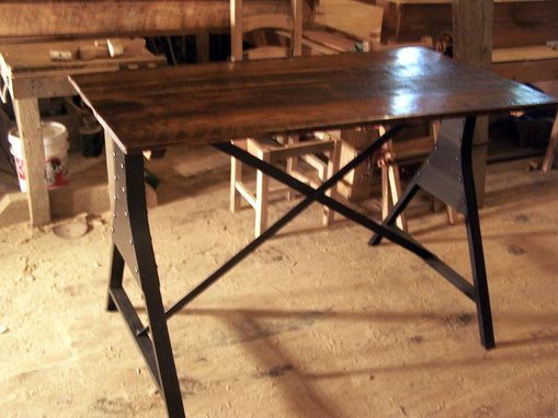 Custom Made Reclaimed Wood Train Bridge Industrial Metal Base Table With Plank Top