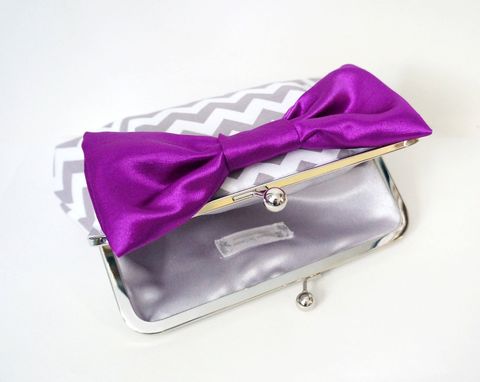 Custom Made Gray Printed Clutch Purse With Big Purple Bow