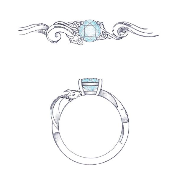 Dragons and Celtic knots swirl and slither in this aquamarine-centered engagement ring.