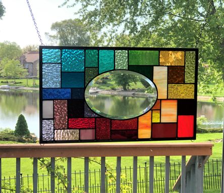 Custom Made Stained Glass Window Panel Hanging Oval Bevel Rainbow