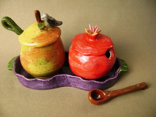 Custom Made Pear And Pomegranate Sugar Bowl Set, Wheel Thrown Ceramics.