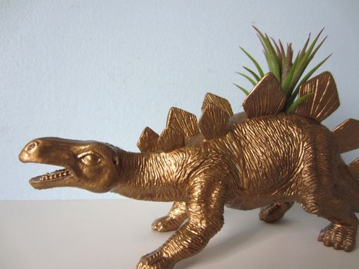 Custom Made Upcycled Dinosaur Planter - Gold Stegosaurus With Air Plant