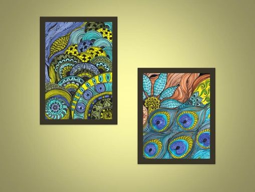 Custom Made Peacock Fine Art Print-Turquoise Blue Lime Green Ink And Acrylic Painting