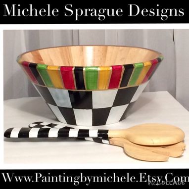 Custom Made Painted Bowl//Wooden Salad Bowl Hand Painted With Matching Utensils//Decorative Bowl