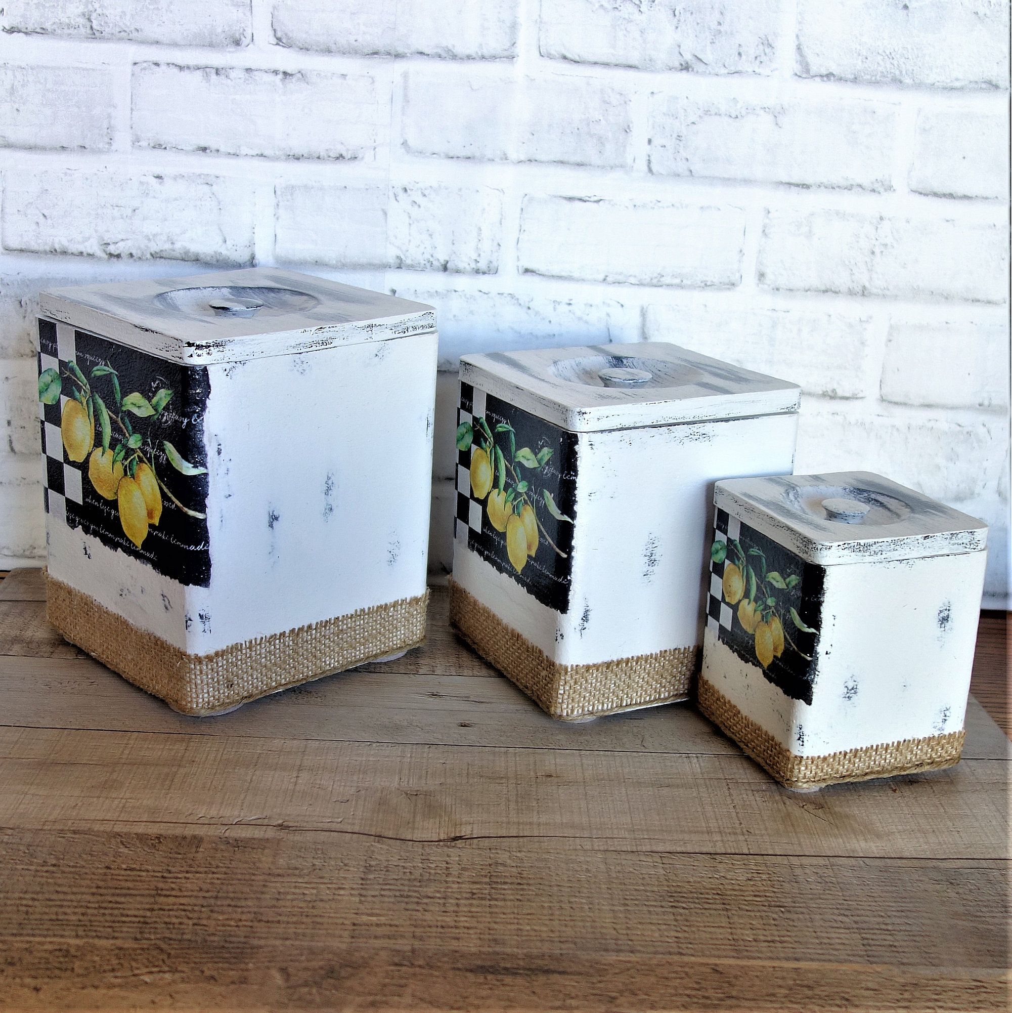 Hand Crafted Vintage Lemon Canister Set Lemon Buffalo Check Canister