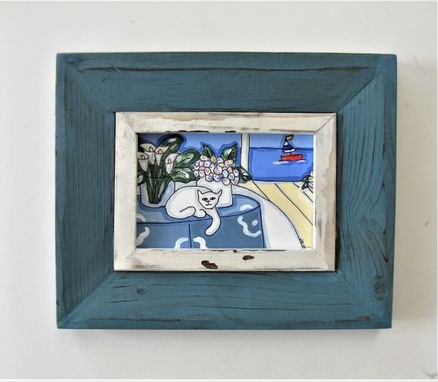 Custom Made Original Acrylic Cat Painting, 8 1/2' X 7", Beach Art Canvas, Distressed Blue And White Frame