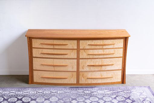 Custom Made Curved Solid Wood Dresser For Bedroom In Cherry And Curly Maple "Savanna"