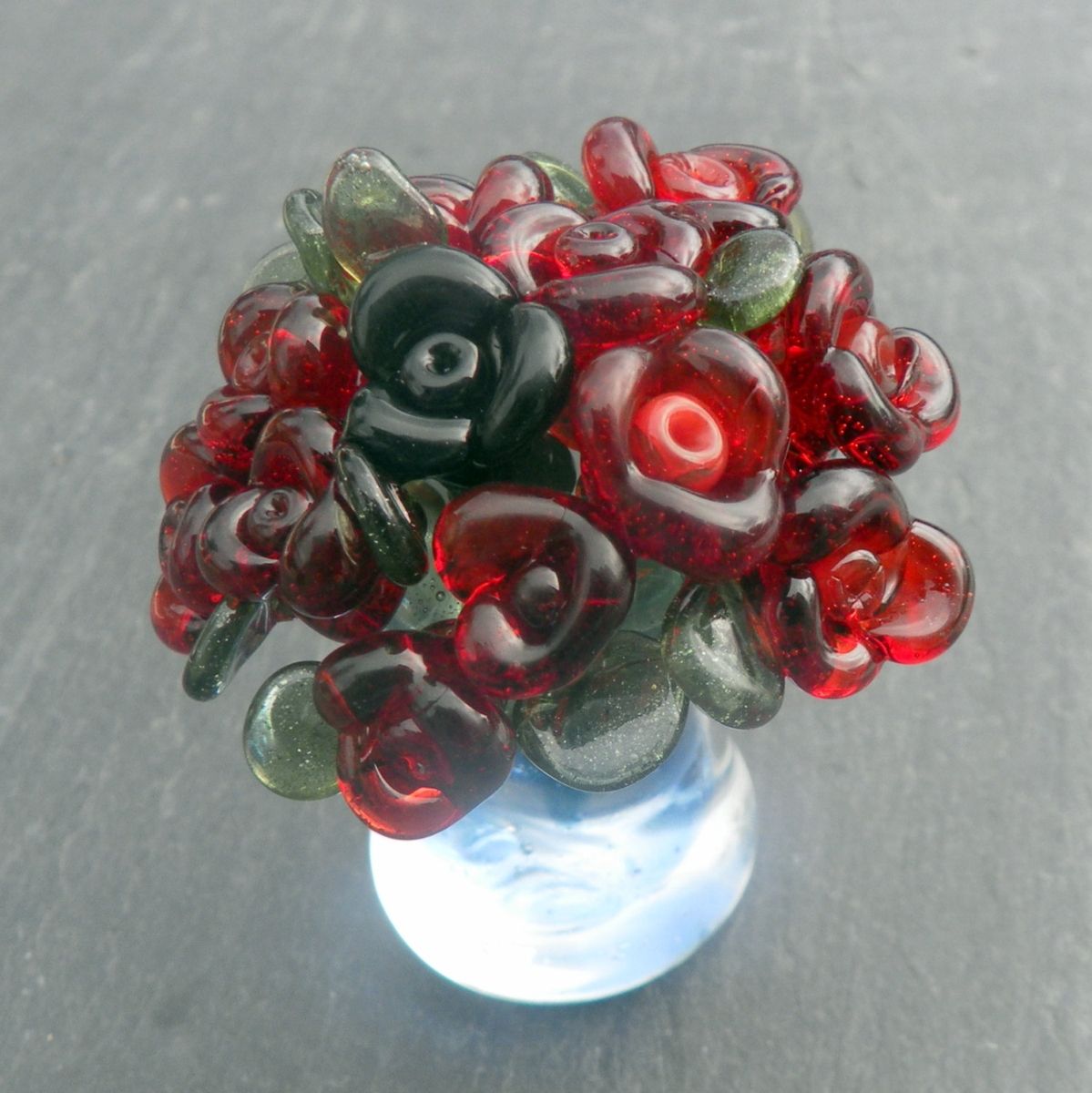 Custom Made Miniature Glass Bouquet Of Red Roses In Glass Vase by