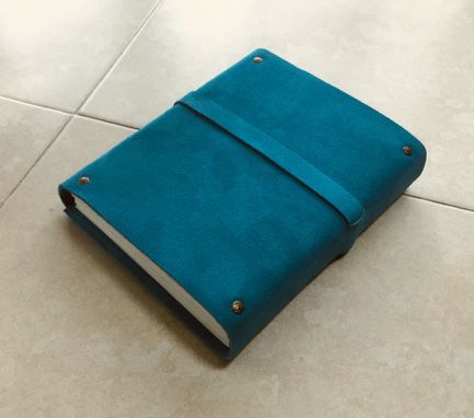 Custom Made A Sturdy Leather Journal, Bound In Soft Blue Suede Cowhide, With Belt And Buckle Closure