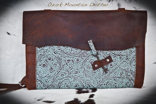 Custom Made Bison And Turquoise Leather Messenger/Computer Bag With Vintage Key Closure