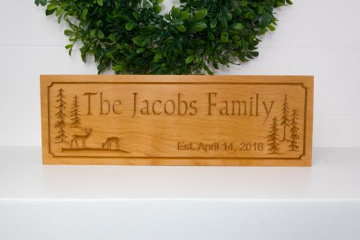 Custom Made Beech Wood Family Name Established Sign W/ Trees And Deer