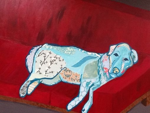 Custom Made Robins Egg Blue Dog Retriever Paper Collage Red Couch Child