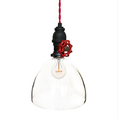 Custom Made 8" Clear Blown Glass Upcycled Valve Pipe Pendant Light- Red Cloth Cord