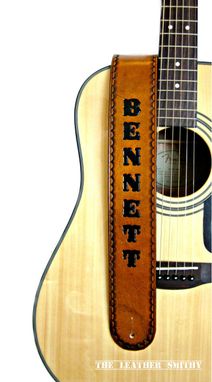 Custom Made Personalized Tan Leather Guitar Strap With Hand Painted Name Or Initials