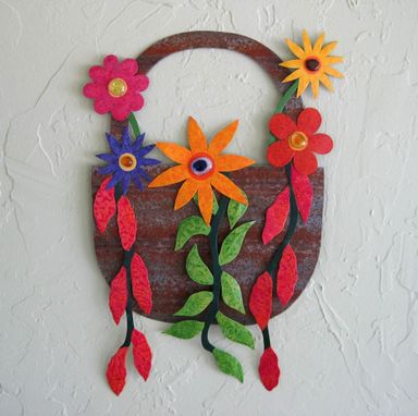 Custom Made Handmade Upcycled Metal Basket Of Flowers Wall Art Sculpture