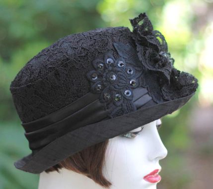 Custom Made Edwardian Vintage Style Hat In Black Lace With Sequins And Beads