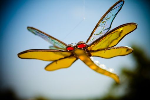 Custom Made Double Winged Dragonfly Stained Glass Art In Yellow