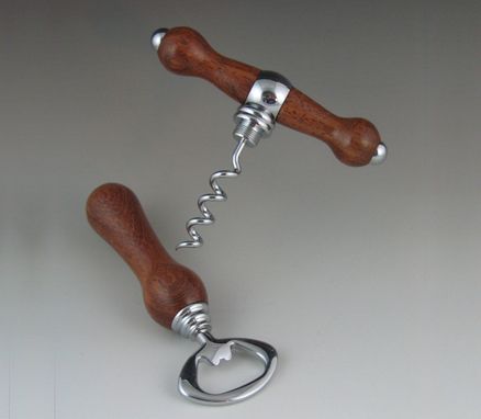 Custom Made Hand Crafted Cork Screw With Bottle Opener, Chrome With Rosewood Wood Handles