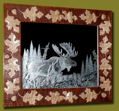 Custom Made Hand Carved Oak Leaf And Acorn Frame With An 11" 14" Etching Of Moose