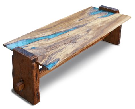 Custom Made Live Edge Rustic Oak With Turquoise Inlay Coffee Table