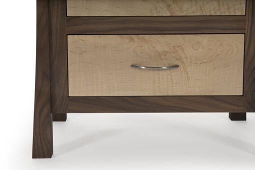 Custom Made Walnut Nightstand With Two Drawers, Laptop Space, Maple Inset Panels, Curved Inlays