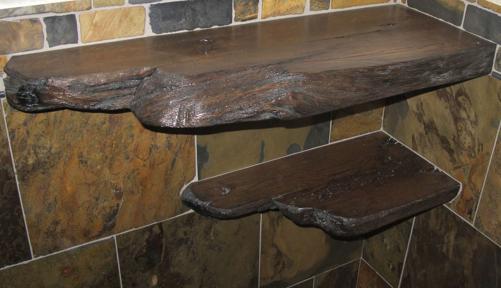 Custom Live Edge Barnwood Rustic Corner Shelves by Intelligent Design Woodwork