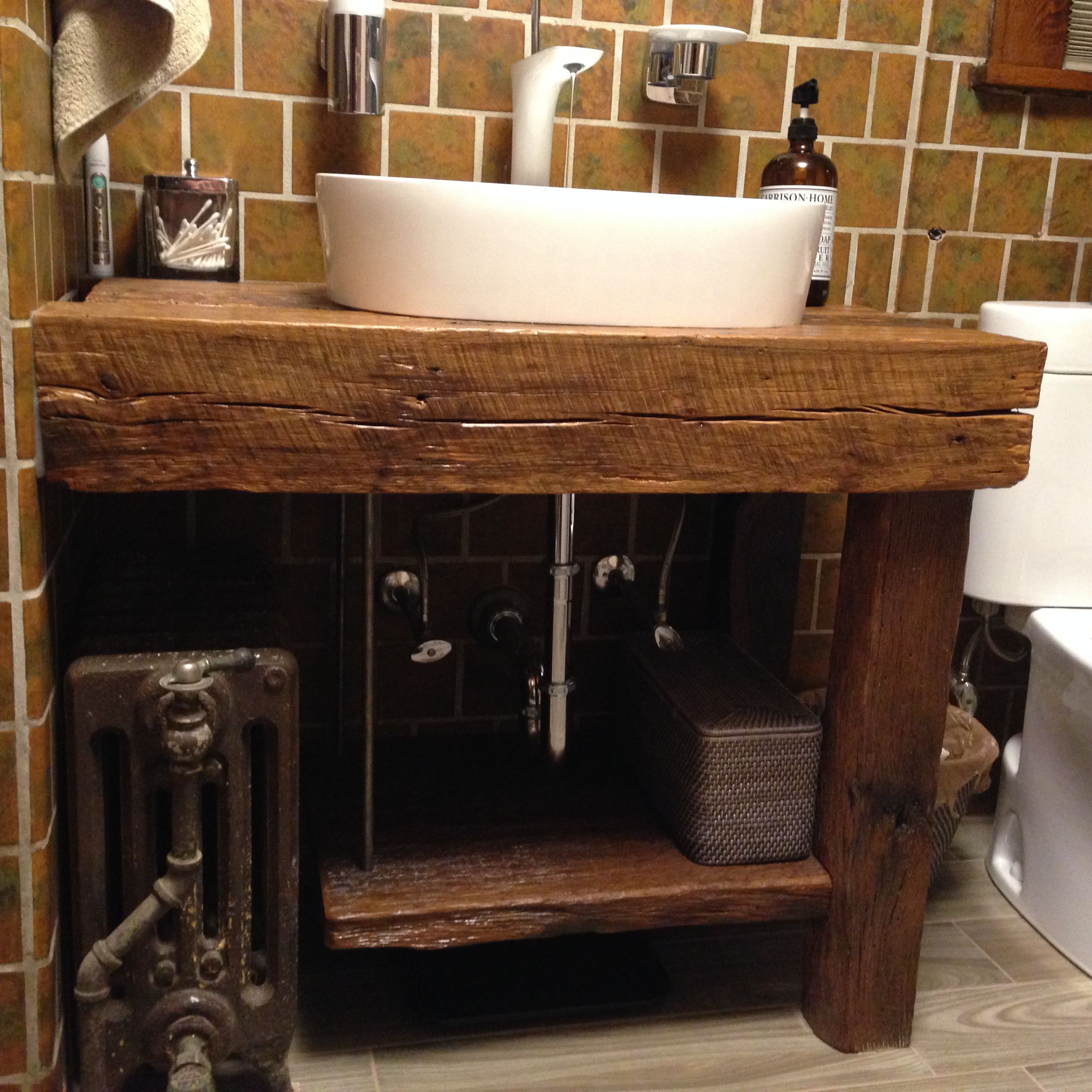 Wood stained bathroom vanity