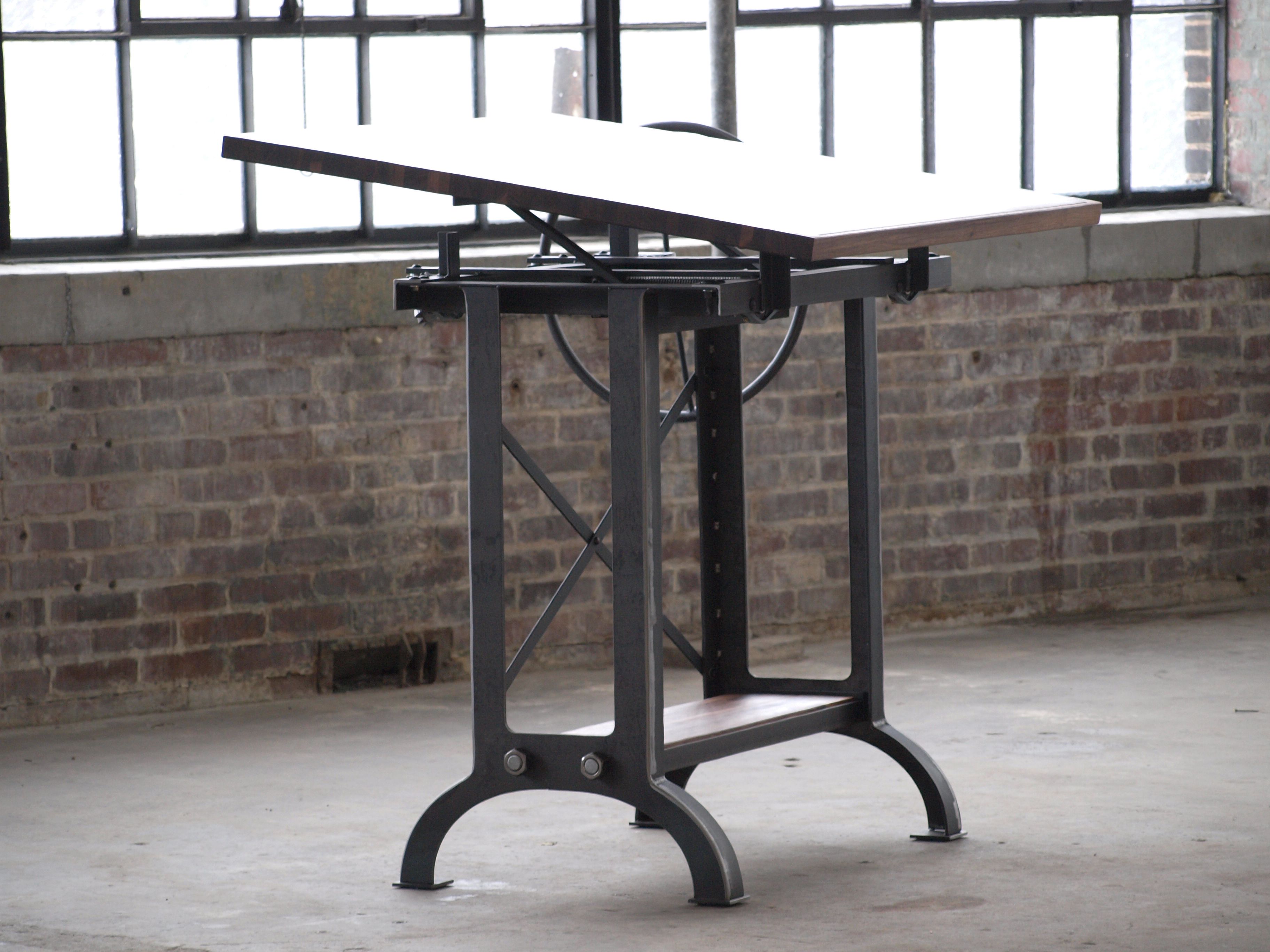 Hand Made Large Walnut Industrial Drafting Table Desk by
