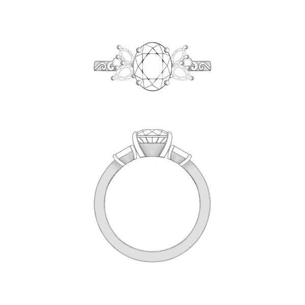 An oval moissanite and two smaller stones sit at the center of this yellow gold band.
