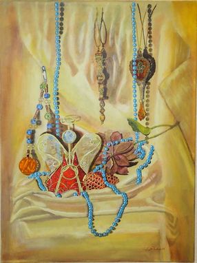 Custom Made Still Life Painting, Fine Art Original Acrylic On Canvas: Glass Ornaments, Blue Pearls