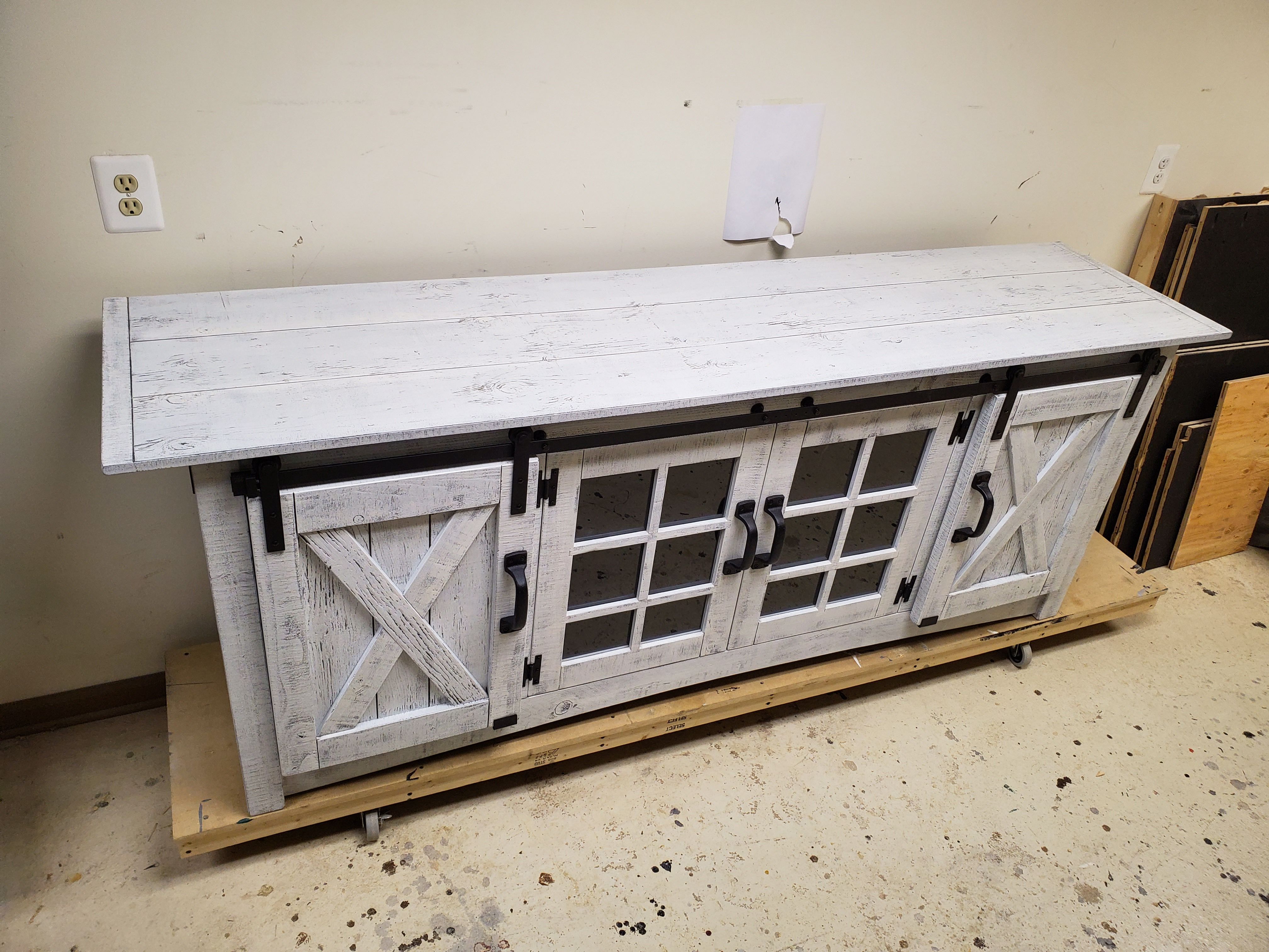 Buy Handmade 84" Rustic White Tv / Wall Unit With Sliding Barn