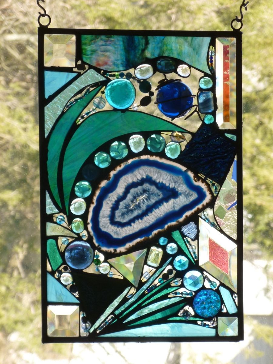 Hand Crafted TurquoiseThemed Stained Glass Mixed Media Panel by Glass