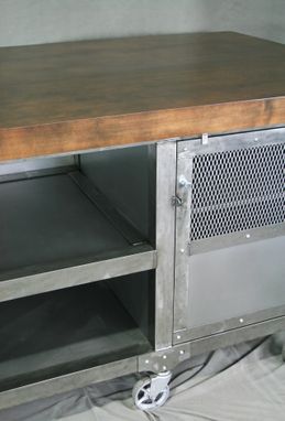 Custom Made Industrial Modern Kitchen Island - Urban Workstation. Solid Oak Wood Top. Polished Steel.